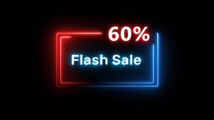 Flash sale 60% offer illustration. Neon discount number on black background. Neon glowing percent number. Business promotion offer number.