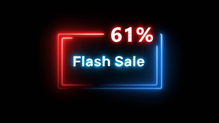 Flash sale 61% offer illustration. Neon discount number on black background. Neon glowing percent number. Business promotion offer number.