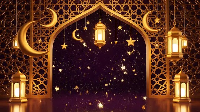 Luxury Ramadan Kareem background with gold Arabic window and lantern fanoos glowing 3D animation.