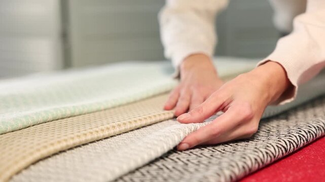 Woman touching different soft fabrics indoors, closeup