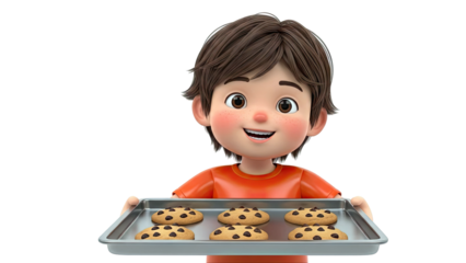 Happy Boy Holding Tray of Chocolate Chip Cookies