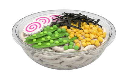 Noodle Bowl with Narutomaki, Peas, Corn, and Seaweed