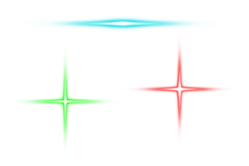 Set of three glowing light flares with neon blue, green, and red sparkles on a transparent background