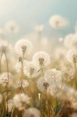 Obraz premium ポスター向け春の縦型背景 白いたんぽぽが広がる清潔感あるフラワー素材. 生成AI