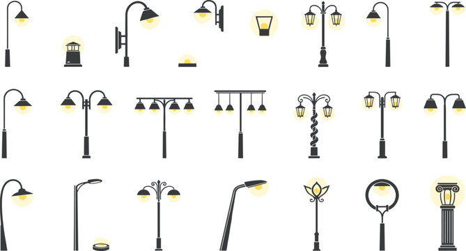 Collection of street lamps and outdoor lighting icons featuring vintage lanterns, modern lampposts, and classic garden light fixtures in vector format.