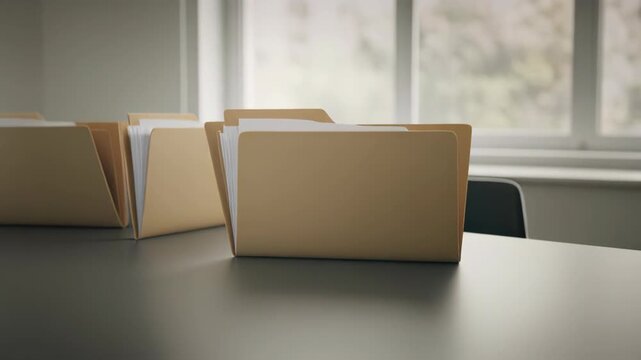 Files in cardboard folders on a dark table near a window in an office setting viewed from the side