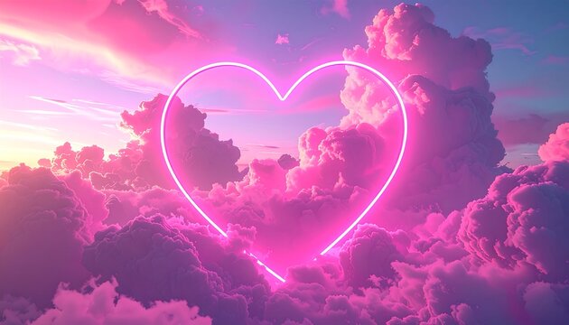 A large, glowing pink heart floats amongst fluffy clouds bathed in soft, pastel-colored sunset light