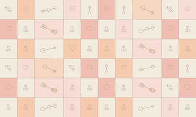 Seamless pattern background with subtle valentine icons on checkered pale color palette
