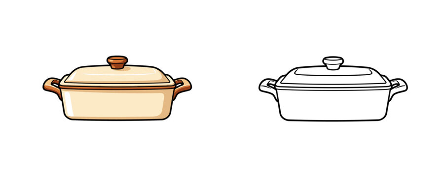 Casserole dish in cartoon style beige and white colors ceramic baking pan with lid and handles for cooking kitchenware on white background