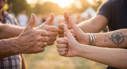 Multi-generational group of people giving a thumbs up gesture outdoors