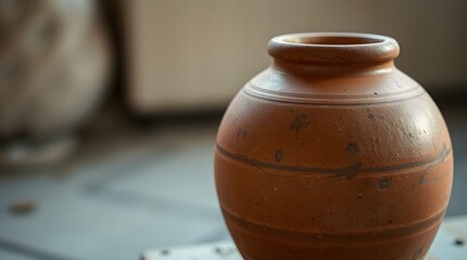 Rustic earthenware pot, traditional ceramic vessel, close-up studio shot