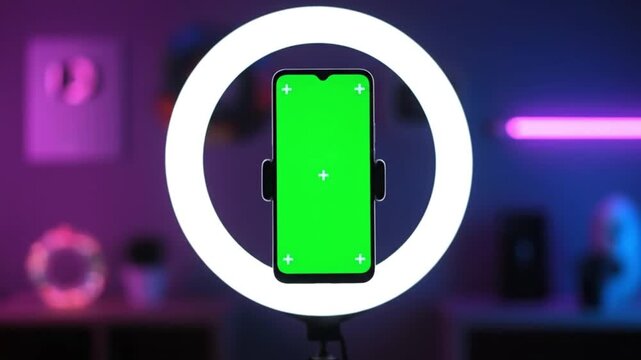 Medium shot of a content creation studio setup. A generic smartphone is mounted ly on a tripod stand with a circular ring light turned on. The phone screen is a solid