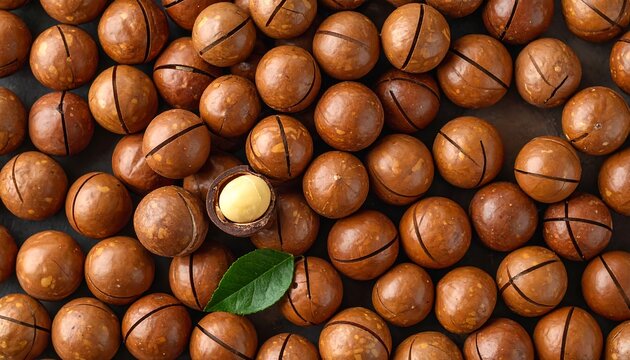 Top View of Whole Macadamia Nuts with One Cracked Open.