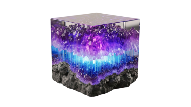 Cubic Amethyst Geode with Glowing Blue Light - Powered by Adobe