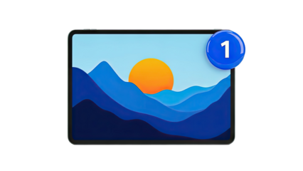 Tablet Displaying Abstract Landscape Wallpaper with Notification Badge