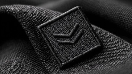 Close-up of a textured black fabric emblem with minimalist design, showcasing textile detail and elegant simplicity