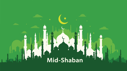 Green cityscape with white mosques and yellow crescent moon © Zetsu