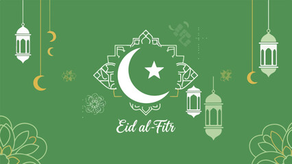 Green Eid al-Fitr greeting card with white and yellow designs