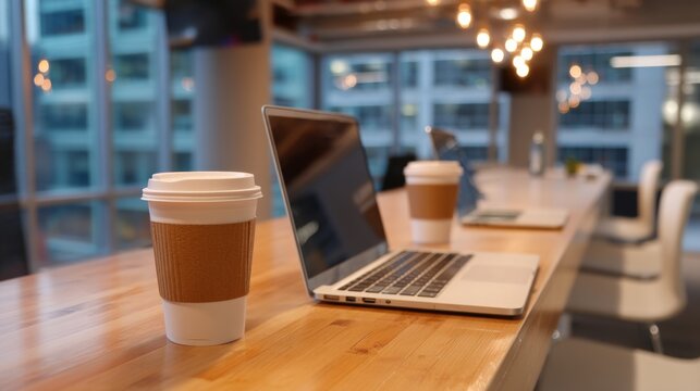 Calm Shared Workspace with Laptops and Coffee Cups in a Modern Office Setting