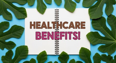 Healthcare benefits message on a notebook surrounded by green leaves, ideal for health and wellness promotions