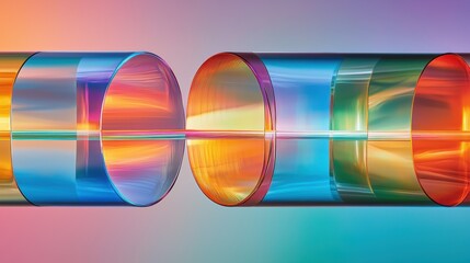 Wave diffraction colors through optical cylindrical lenses creating prismatic spectrum interference patterns with vibrant rainbow gradients blue magenta yellow orange light