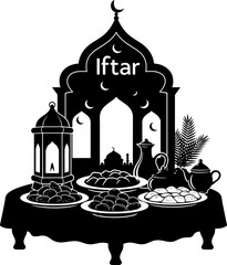 Grand Islamic Iftar Table Illustration with Traditional Food Lantern and Mosque Arch Background for Ramadan Kareem and Eid Mubarak Greetings