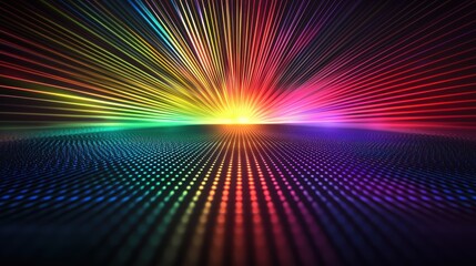 Laser interference effects create spectacular rainbow light burst radiating from central point across dotted grid surface with vibrant spectrum beams