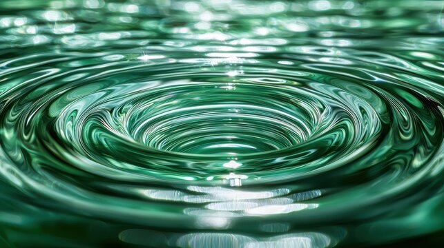 Wave diffraction rings emerald green concentric circular patterns water surface ripples optical phenomenon light reflections creating hypnotic spiral flow effects