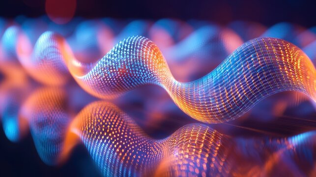 Holographic reconstruction waves with laser interference patterns creating grid mesh structures in vivid amber orange and electric blue displaying optical diffraction