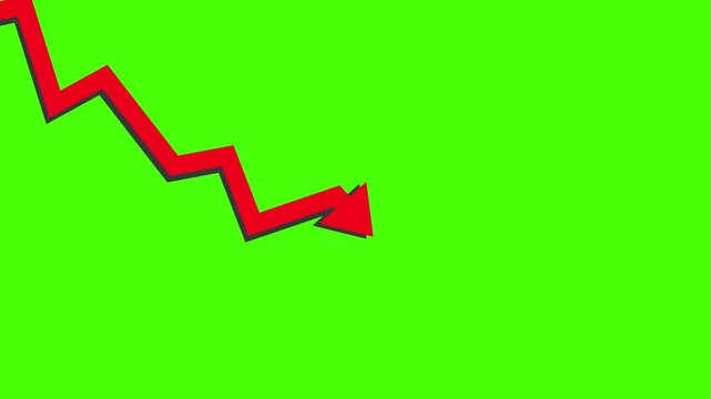 Business down indicator arrow with green screen, Animated Red falling down arrow zigzag line indicates financial loss concept, stock market fall, business loss, market crash, economic loss video 4K