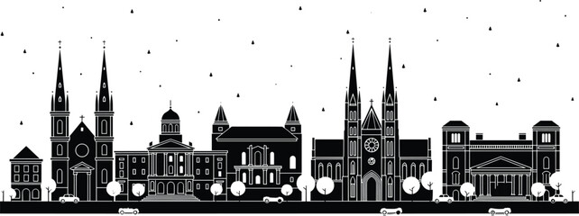 Obraz premium Historic European city skyline silhouette with cathedrals and classical architecture, black and white urban landscape vector, old town landmark buildings design illustration