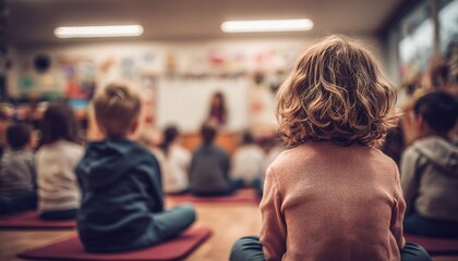 Elementary School Students Engaged in Learning Session Sitting on Floor, Focused on the Teacher and Classroom