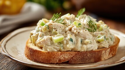 Delicious Chicken Salad Open Sandwich on Rustic Bread Topped with Dill, Perfect for Lunch