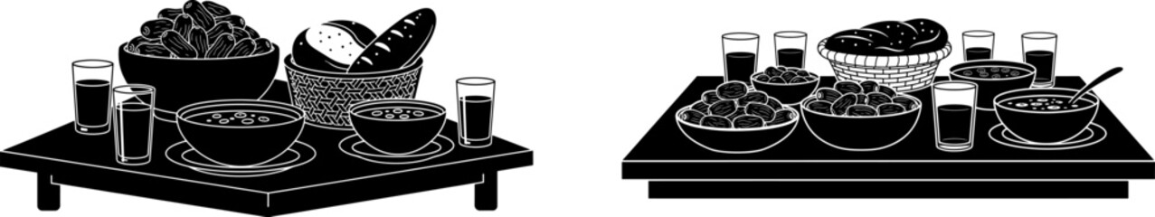 Detailed Islamic Iftar Food Set with Traditional Meal Composition Featuring Dates Soup Bread and Drinks for Ramadan and Suhoor Dining