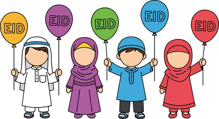 Cute Cartoon Muslim Children Holding Colorful Eid Balloons Celebrating Eid Al-Fitr in Traditional Islamic Clothing Isolated on White
