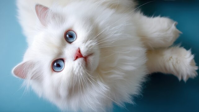 Adorable White Cat with Striking Blue Eyes Posing on a Blue Background, a Captivating Portrait