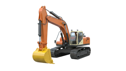 Heavy-duty excavator with yellow bucket and orange cabin