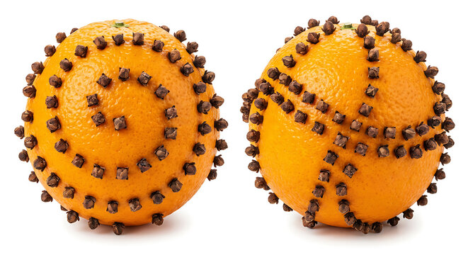Traditional Christmas Pomander Oranges with Cloves Isolated on White.