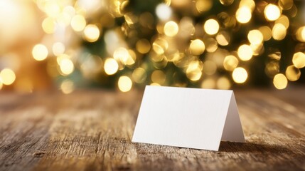Blank card placed on a wooden table with blurred lights in the background