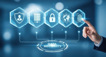 Data Security Concept with Person Touching Holographic Interface, Emphasizing Cyber Protection and Privacy Measures