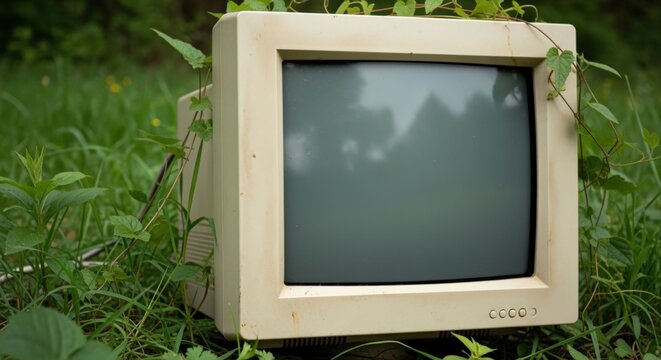 Retro Computer Monitor Reclaimed by Nature: A Symbol of Technology Abandonment and Environmental Change