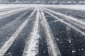 Snowy Road Surface with Tire Tracks in Winter with Cars Parked in Distance Under a Bright Overcast Sky Seen in a High Angle Shot