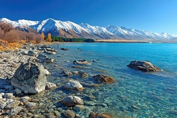 Turquoise Lake With Rocky Shoreline and Distant Snow Capped Mountains Under Clear Blue Sky in New Zealand Landscape Generates a Sense of Serenity