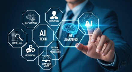 AI Technology Concept with Businessman Touching Virtual Interface: Deep Learning, Automation, and Data Analysis