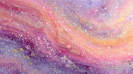 Abstract Acrylic Swirl Painting in Pastel Hues with Glitter Accents in Purple Pink Yellow and White Colors with Smooth Transition of Ink Texture Background