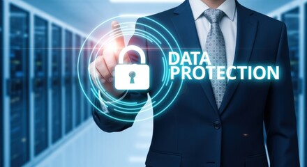 Data Protection Concept: Businessman Activating Security System in a Server Room for Cybersecurity