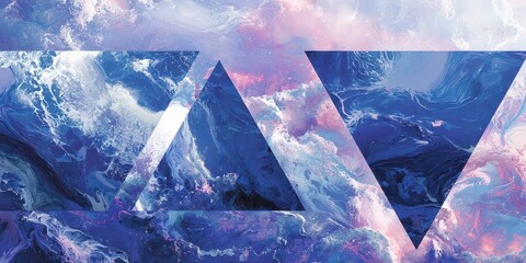 Abstract Background with Three Translucent Triangles Overlapping a Swirling Blue and White Pattern