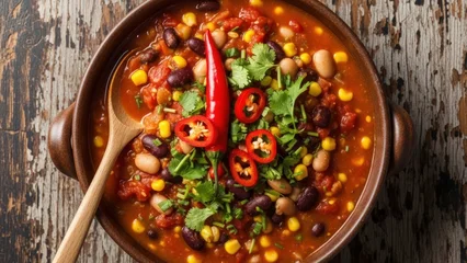 Keuken achterwand Hete pepers Close-up of a rustic bowl of vibrant chili with mixed beans, corn, fresh herbs, and red peppers  © duwi