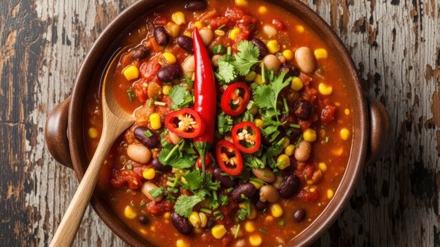 Close-up of a rustic bowl of vibrant chili with mixed beans, corn, fresh herbs, and red peppers