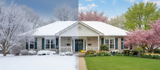 Suburban house exterior split in half. On one side is winter. On the other is spring